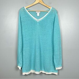 Soft Surroundings 100% linen aqua & white open knit sweater, 1X.